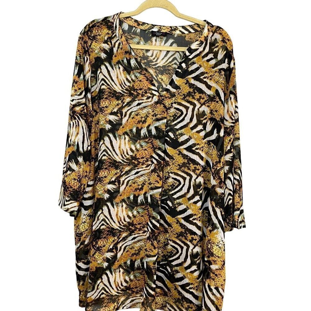 Cocomo Top Women 2X Yellow‎ Pullover Animal Print Sheer Tunic Safari Beach Twee